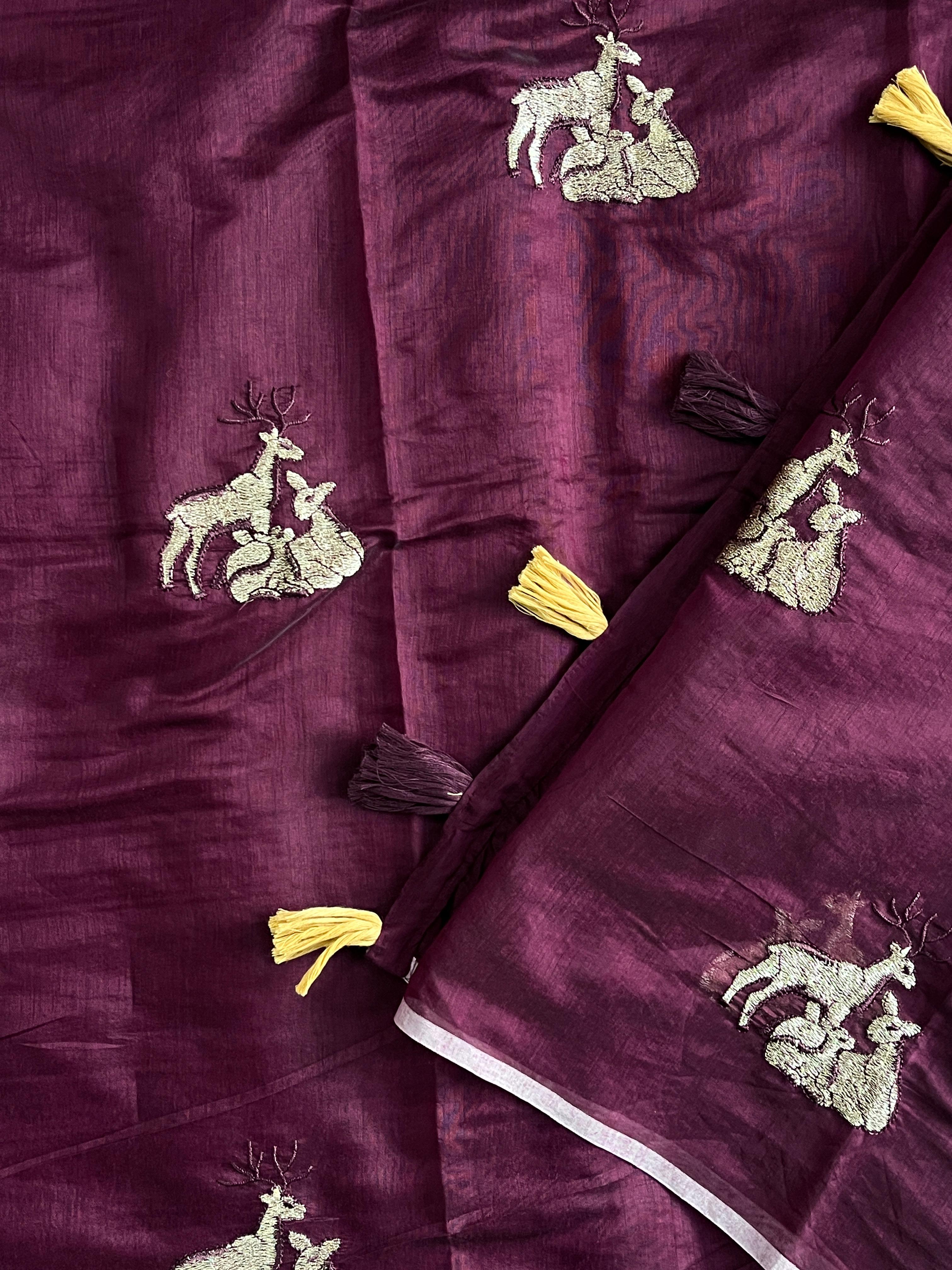 New Chanderi Cotton Embroidery n Tussels Work Fancy Designer Festive Wear Saree With Stitched Blouse