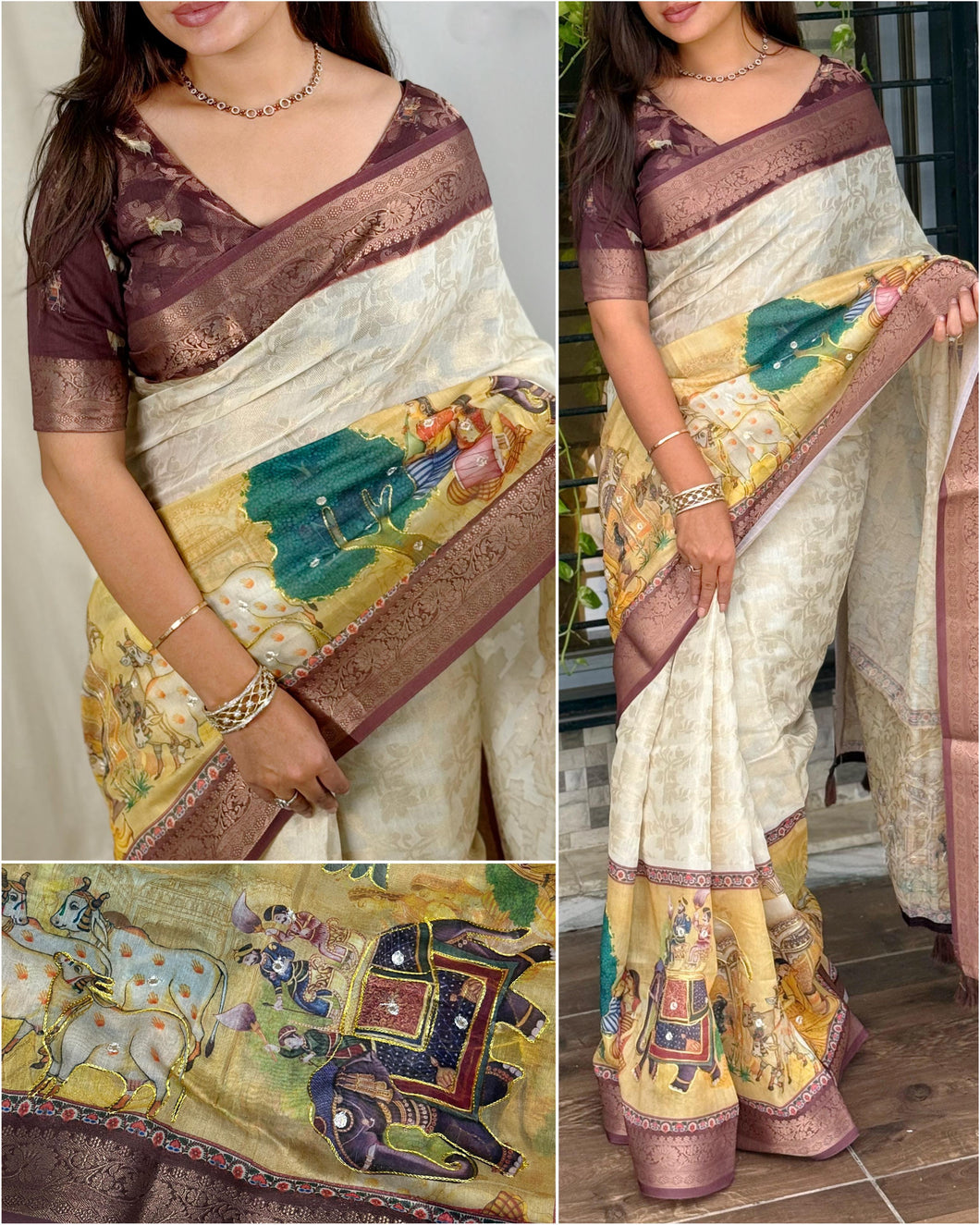 Magnetic Cream Color Print n Zari Jacquard With Tussles Work Pure Cotton Saree With Classy Blouse Piece