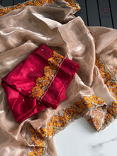 Load image into Gallery viewer, Eloquence Golden Color Pure Satin Chiffon Thread Embroidered Work Designer Saree With Fancifull Blouse Piece
