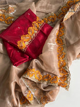 Load image into Gallery viewer, Eloquence Golden Color Pure Satin Chiffon Thread Embroidered Work Designer Saree With Fancifull Blouse Piece
