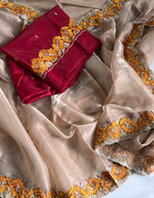 Load image into Gallery viewer, Eloquence Golden Color Pure Satin Chiffon Thread Embroidered Work Designer Saree With Fancifull Blouse Piece
