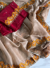 Load image into Gallery viewer, Eloquence Golden Color Pure Satin Chiffon Thread Embroidered Work Designer Saree With Fancifull Blouse Piece
