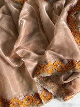 Load image into Gallery viewer, Eloquence Golden Color Pure Satin Chiffon Thread Embroidered Work Designer Saree With Fancifull Blouse Piece
