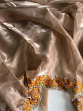 Load image into Gallery viewer, Eloquence Golden Color Pure Satin Chiffon Thread Embroidered Work Designer Saree With Fancifull Blouse Piece
