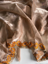 Load image into Gallery viewer, Eloquence Golden Color Pure Satin Chiffon Thread Embroidered Work Designer Saree With Fancifull Blouse Piece
