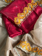 Load image into Gallery viewer, Eloquence Golden Color Pure Satin Chiffon Thread Embroidered Work Designer Saree With Fancifull Blouse Piece
