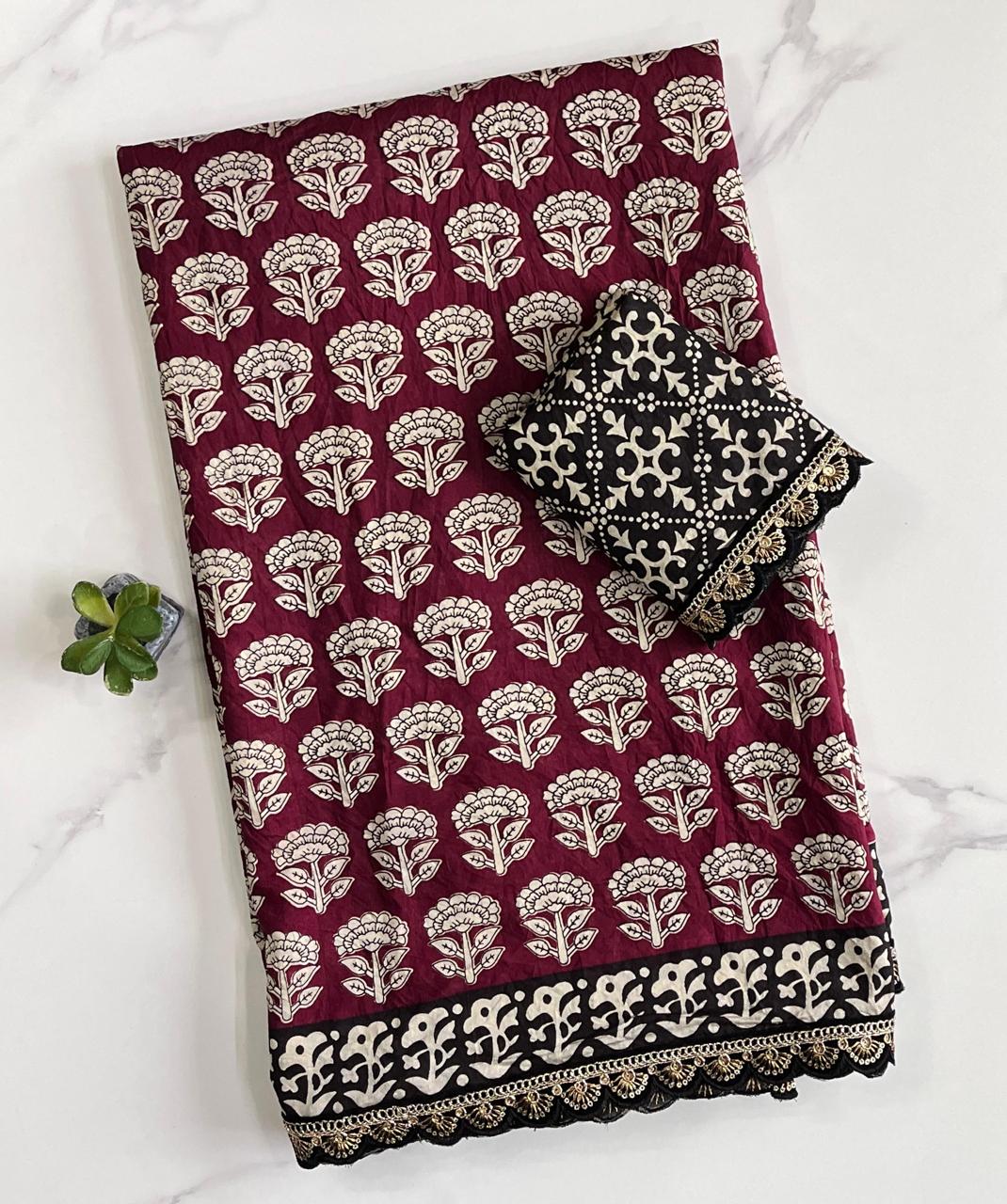 Glorious Black n Maroon Color Mul Cotton Print n Lace Work With Rich n Ikkat Pallu Designer Saree With Stunner Blouse Piece