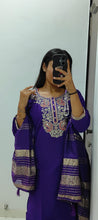 Load image into Gallery viewer, Incredible Function Wear Purple Color Roman Silk Embroidery n Sequence Work Designer Straight Kurta With Trouser n Dupatta Set

