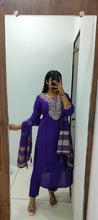Load image into Gallery viewer, Incredible Function Wear Purple Color Roman Silk Embroidery n Sequence Work Designer Straight Kurta With Trouser n Dupatta Set
