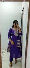 Load image into Gallery viewer, Incredible Function Wear Purple Color Roman Silk Embroidery n Sequence Work Designer Straight Kurta With Trouser n Dupatta Set
