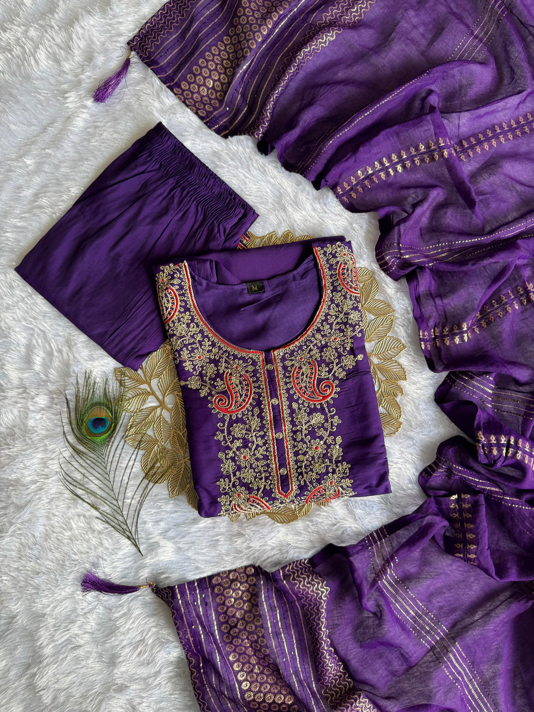 Incredible Function Wear Purple Color Roman Silk Embroidery n Sequence Work Designer Straight Kurta With Trouser n Dupatta Set