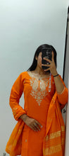Load image into Gallery viewer, Exquisite Festive Wear Orange Color Roman Silk Embroidery n Sequence Work Designer Straight Kurta With Trouser n Dupatta Set
