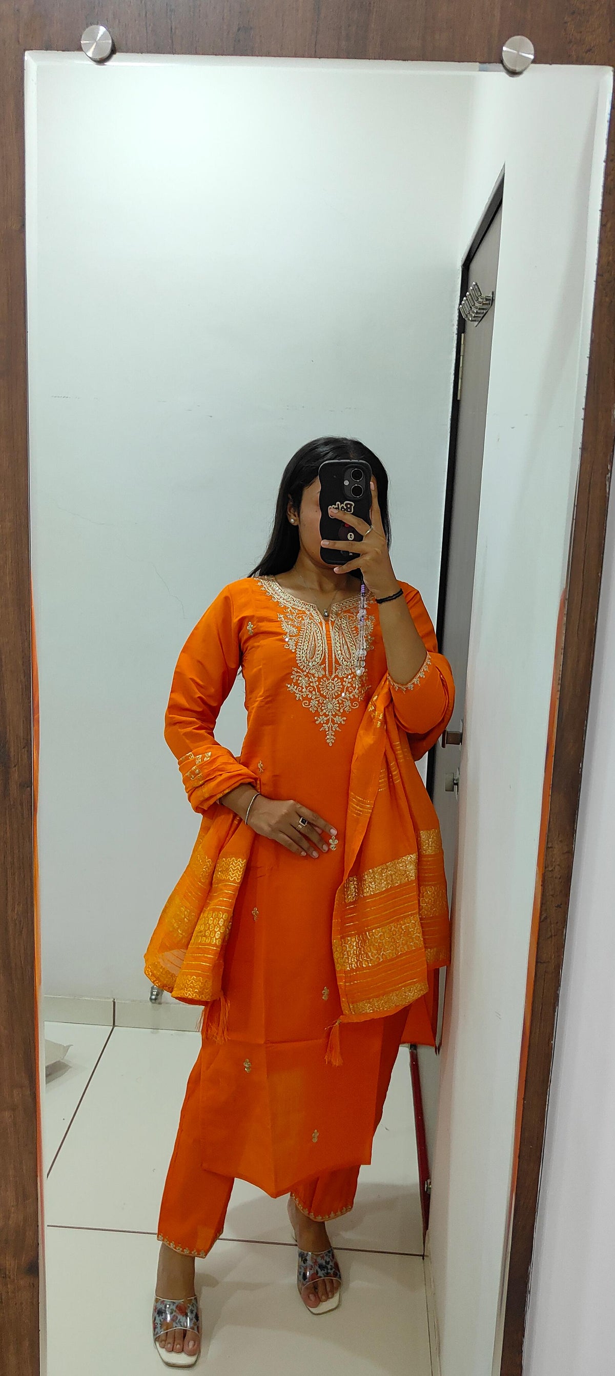 Exquisite Festive Wear Orange Color Roman Silk Embroidery n Sequence Work Designer Straight Kurta With Trouser n Dupatta Set