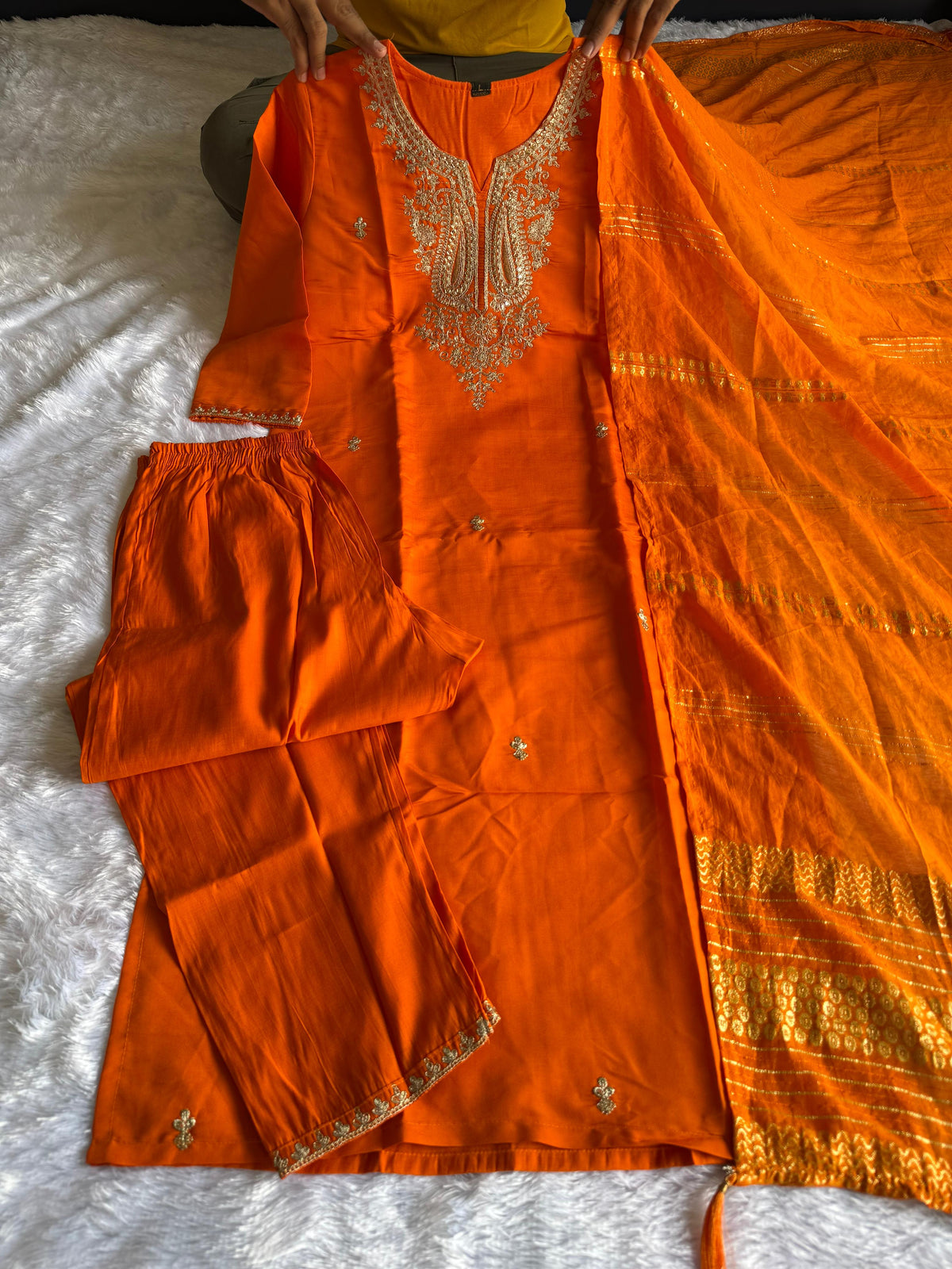 Exquisite Festive Wear Orange Color Roman Silk Embroidery n Sequence Work Designer Straight Kurta With Trouser n Dupatta Set
