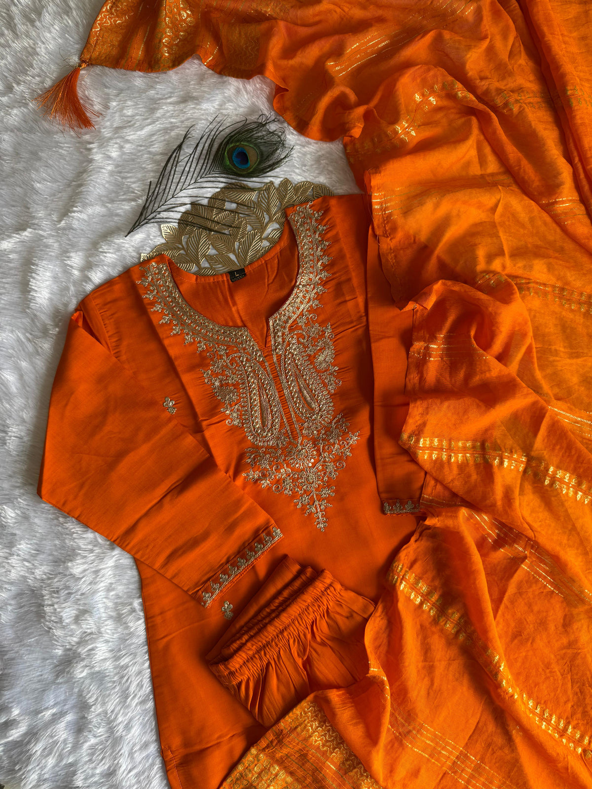 Exquisite Festive Wear Orange Color Roman Silk Embroidery n Sequence Work Designer Straight Kurta With Trouser n Dupatta Set