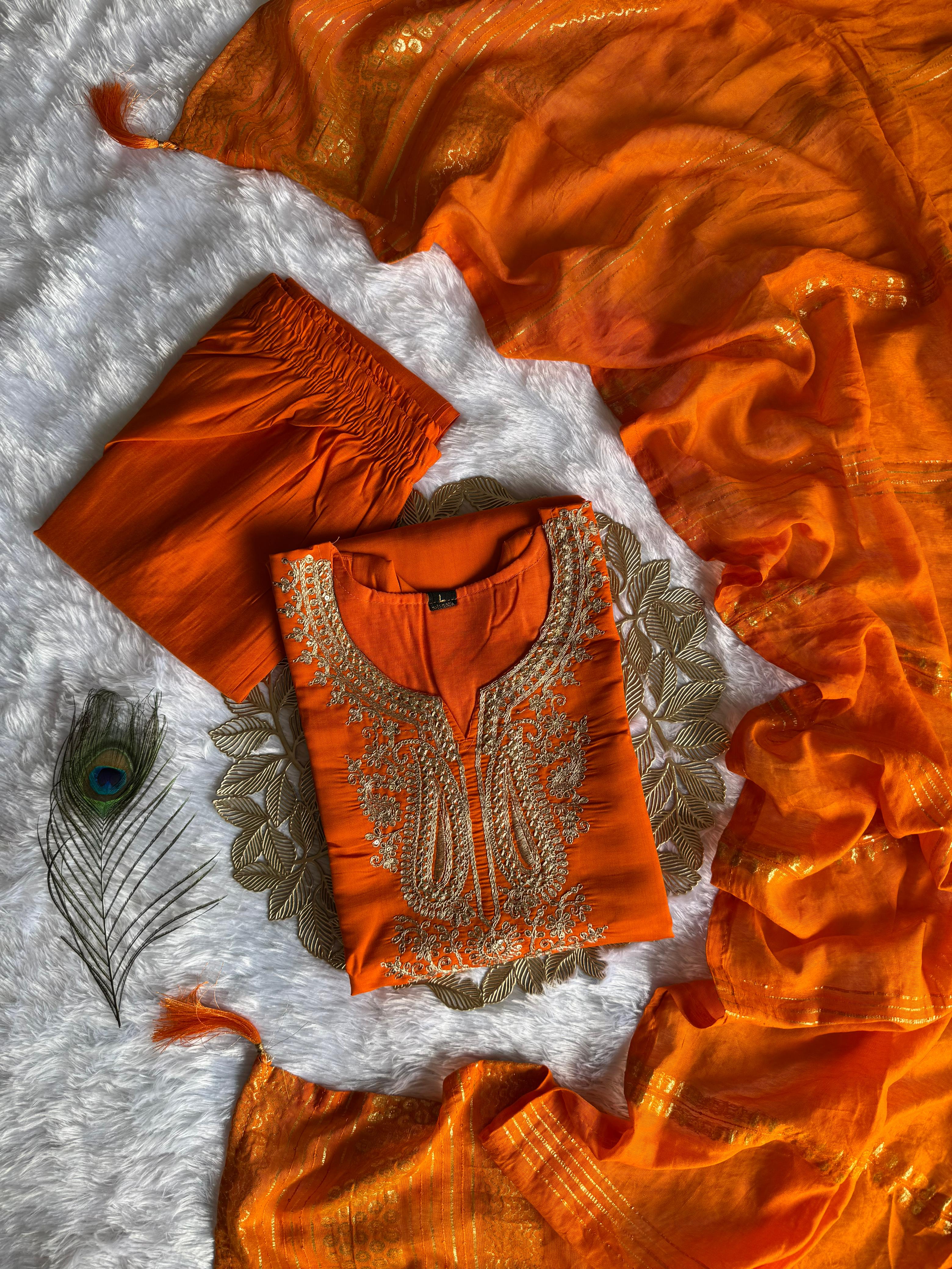 Exquisite Festive Wear Orange Color Roman Silk Embroidery n Sequence Work Designer Straight Kurta With Trouser n Dupatta Set