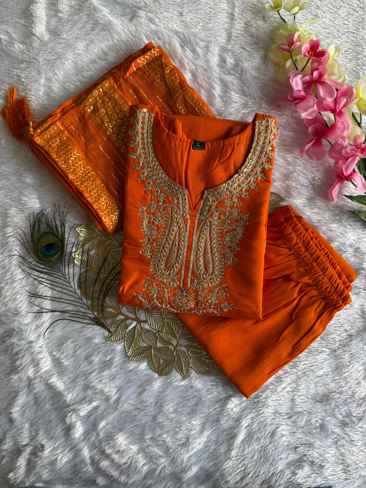 Exquisite Festive Wear Orange Color Roman Silk Embroidery n Sequence Work Designer Straight Kurta With Trouser n Dupatta Set