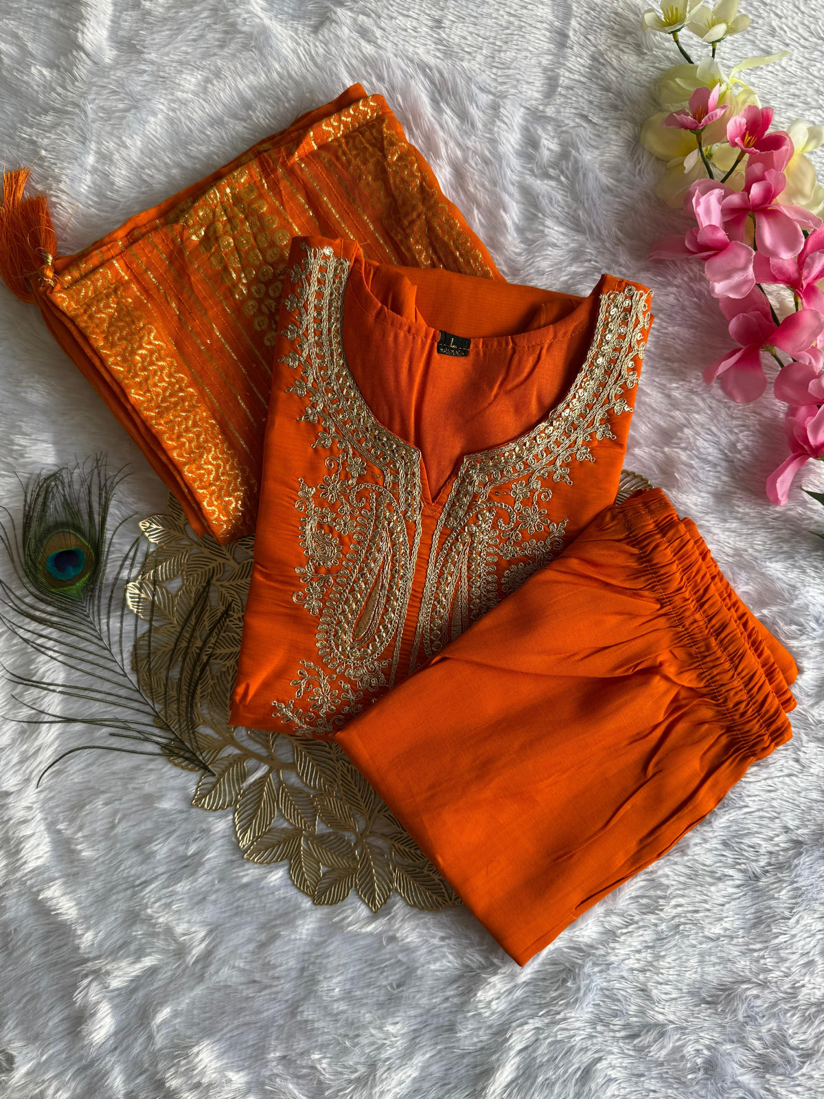 Exquisite Festive Wear Orange Color Roman Silk Embroidery n Sequence Work Designer Straight Kurta With Trouser n Dupatta Set