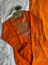 Load image into Gallery viewer, Exquisite Festive Wear Orange Color Roman Silk Embroidery n Sequence Work Designer Straight Kurta With Trouser n Dupatta Set
