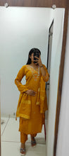 Load image into Gallery viewer, Luxuriant Wedding Wear Mustard Color Roman Silk Embroidery n Sequence Work Designer Straight Kurta With Trouser n Dupatta Set
