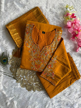 Load image into Gallery viewer, Luxuriant Wedding Wear Mustard Color Roman Silk Embroidery n Sequence Work Designer Straight Kurta With Trouser n Dupatta Set
