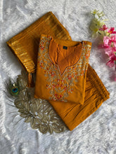 Load image into Gallery viewer, Luxuriant Wedding Wear Mustard Color Roman Silk Embroidery n Sequence Work Designer Straight Kurta With Trouser n Dupatta Set
