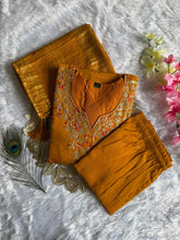 Load image into Gallery viewer, Luxuriant Wedding Wear Mustard Color Roman Silk Embroidery n Sequence Work Designer Straight Kurta With Trouser n Dupatta Set
