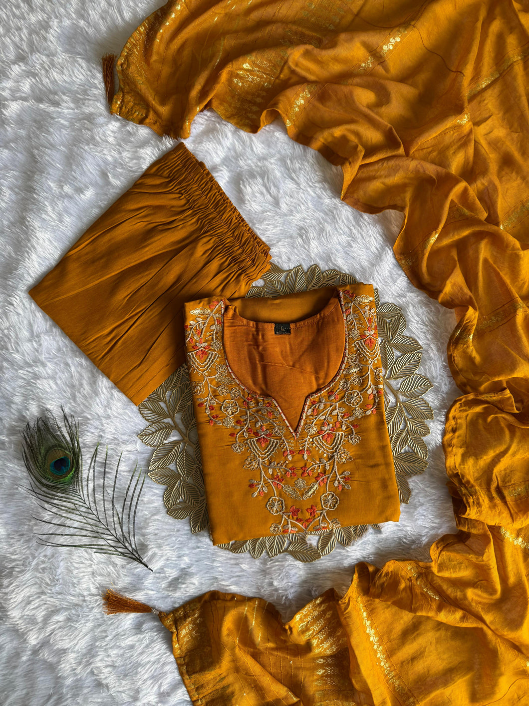 Luxuriant Wedding Wear Mustard Color Roman Silk Embroidery n Sequence Work Designer Straight Kurta With Trouser n Dupatta Set
