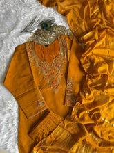 Load image into Gallery viewer, Luxuriant Wedding Wear Mustard Color Roman Silk Embroidery n Sequence Work Designer Straight Kurta With Trouser n Dupatta Set
