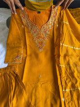 Load image into Gallery viewer, Luxuriant Wedding Wear Mustard Color Roman Silk Embroidery n Sequence Work Designer Straight Kurta With Trouser n Dupatta Set
