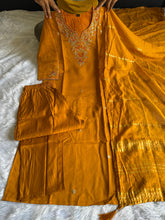 Load image into Gallery viewer, Luxuriant Wedding Wear Mustard Color Roman Silk Embroidery n Sequence Work Designer Straight Kurta With Trouser n Dupatta Set
