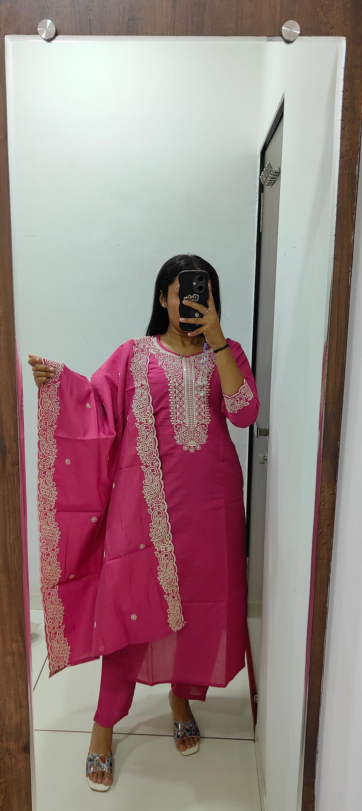 Evocative Wedding Wear Peach Color Roman Silk Embroidery n Sequence Work Designer Straight Kurta With Trouser n Dupatta Set