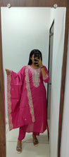 Load image into Gallery viewer, Evocative Wedding Wear Peach Color Roman Silk Embroidery n Sequence Work Designer Straight Kurta With Trouser n Dupatta Set
