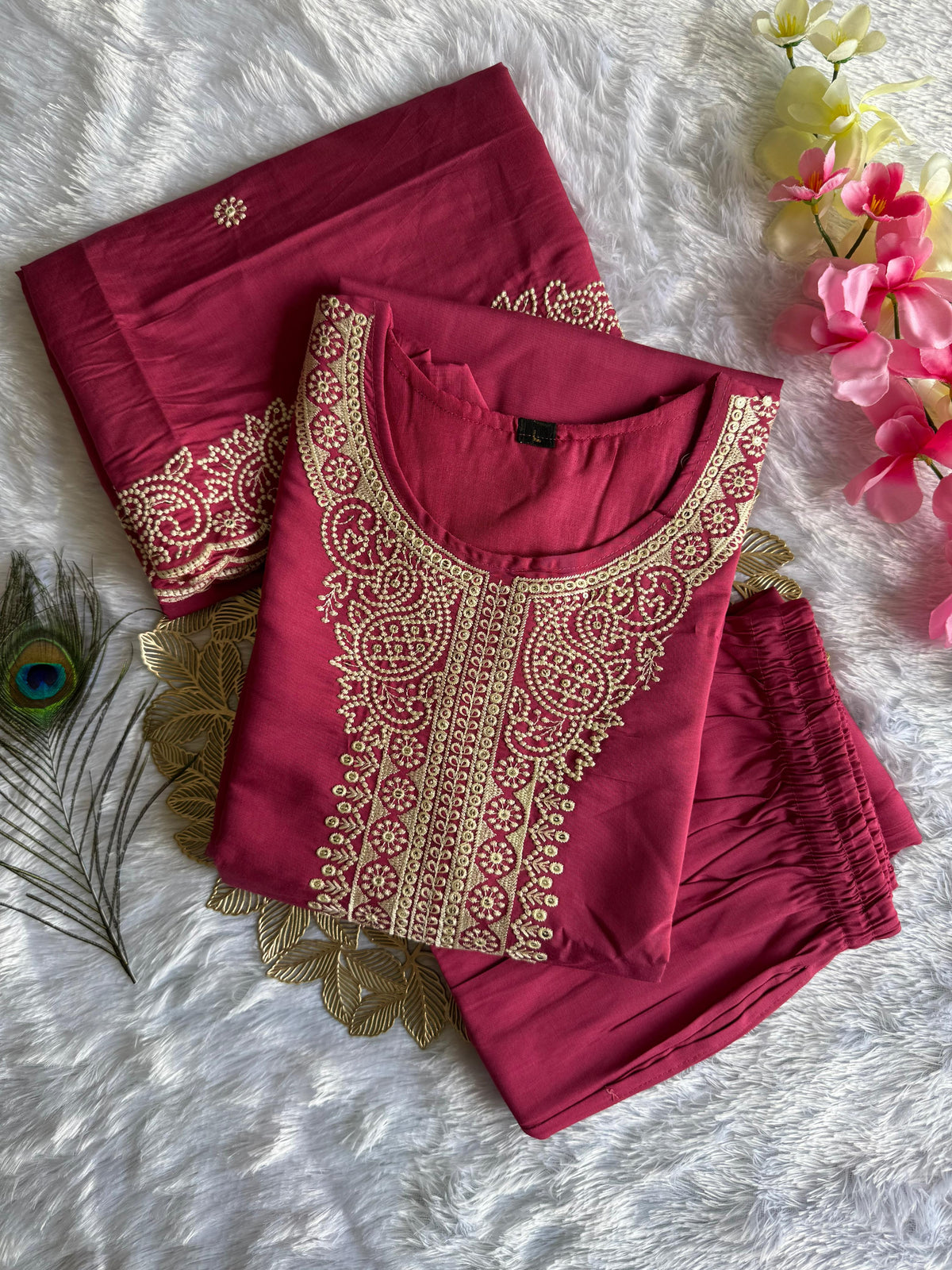 Evocative Wedding Wear Peach Color Roman Silk Embroidery n Sequence Work Designer Straight Kurta With Trouser n Dupatta Set