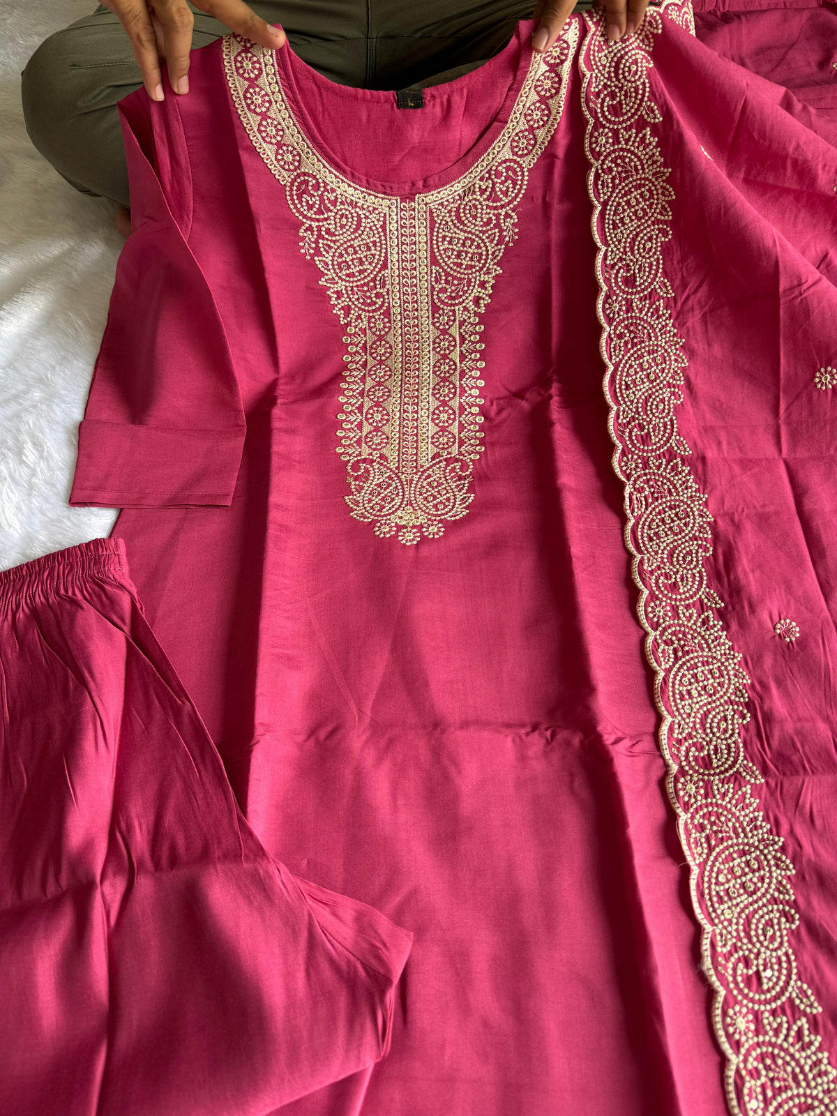 Evocative Wedding Wear Peach Color Roman Silk Embroidery n Sequence Work Designer Straight Kurta With Trouser n Dupatta Set