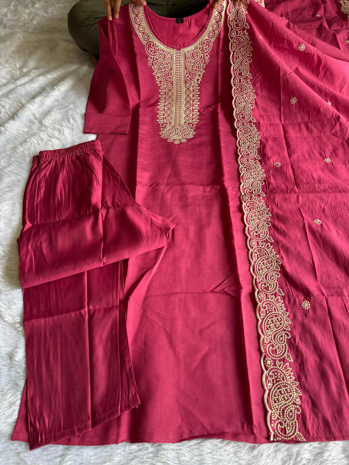 Evocative Wedding Wear Peach Color Roman Silk Embroidery n Sequence Work Designer Straight Kurta With Trouser n Dupatta Set