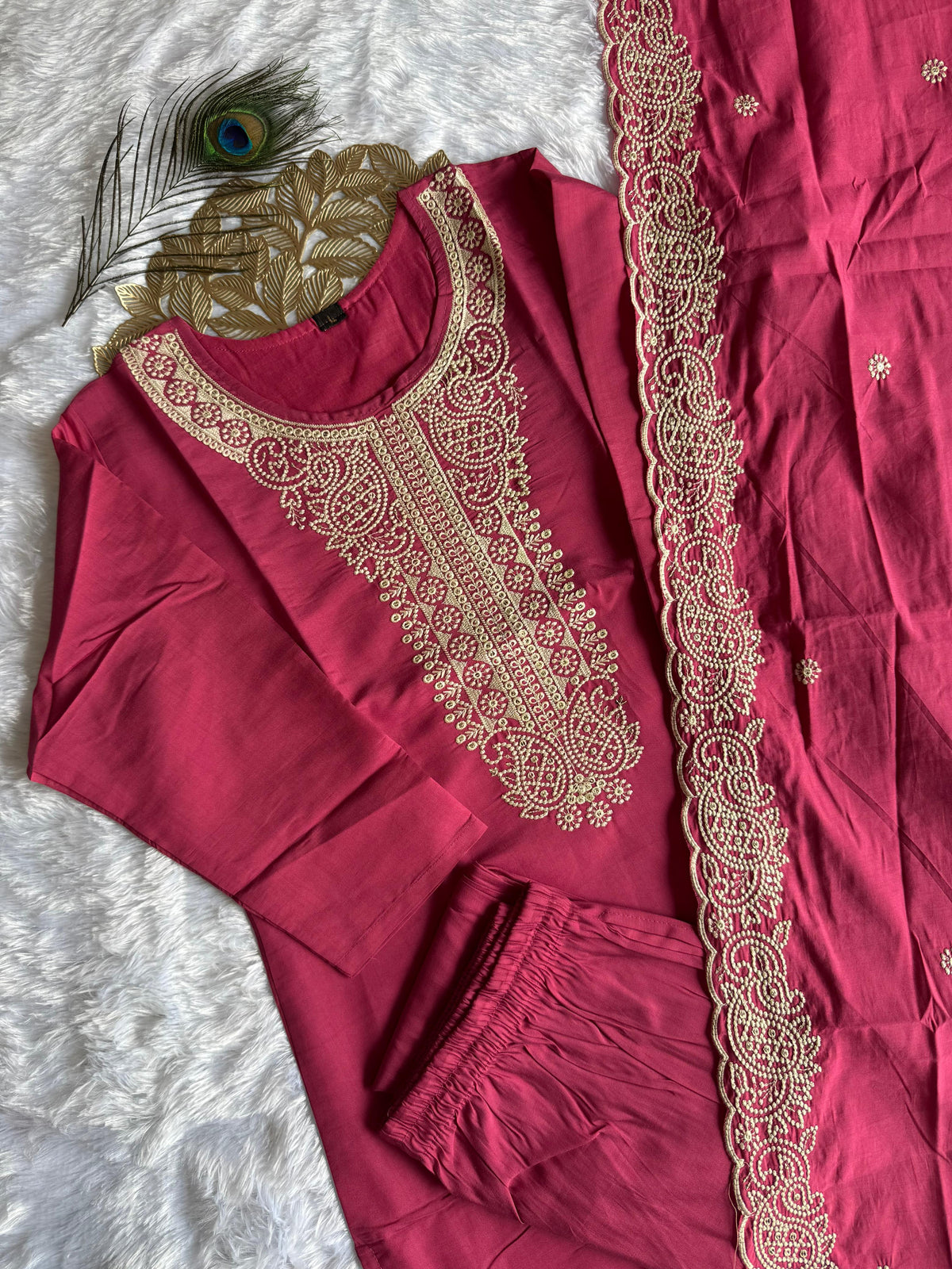 Evocative Wedding Wear Peach Color Roman Silk Embroidery n Sequence Work Designer Straight Kurta With Trouser n Dupatta Set
