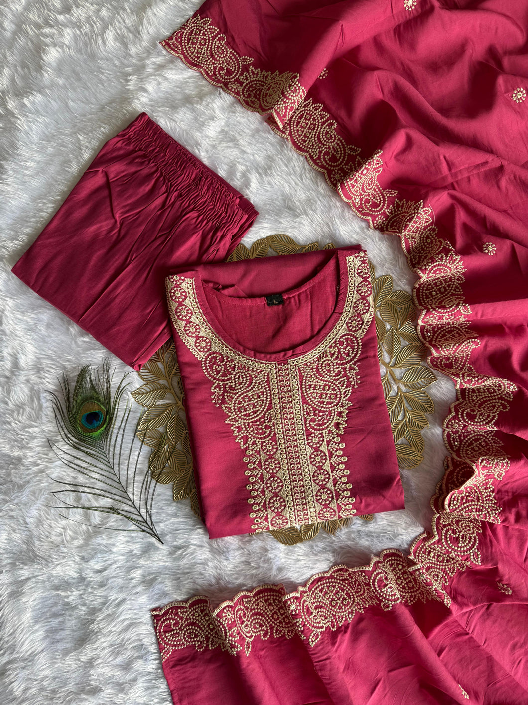 Evocative Wedding Wear Peach Color Roman Silk Embroidery n Sequence Work Designer Straight Kurta With Trouser n Dupatta Set