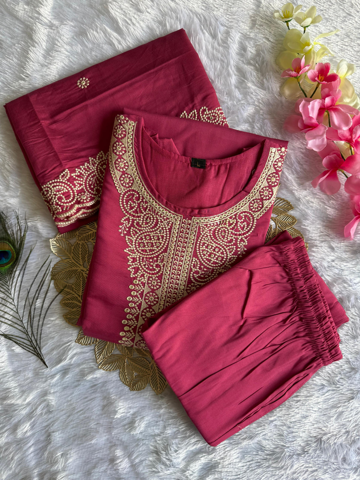 Evocative Wedding Wear Peach Color Roman Silk Embroidery n Sequence Work Designer Straight Kurta With Trouser n Dupatta Set