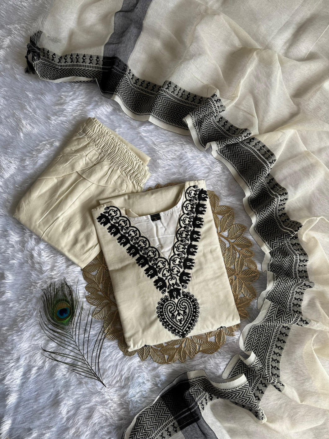New Traditional White Color Cotton Embroidery Work Designer Straight Kurta With Trouser n Dupatta Set