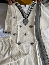 Load image into Gallery viewer, New Traditional White Color Cotton Embroidery Work Designer Straight Kurta With Trouser n Dupatta Set
