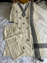 Load image into Gallery viewer, New Traditional White Color Cotton Embroidery Work Designer Straight Kurta With Trouser n Dupatta Set
