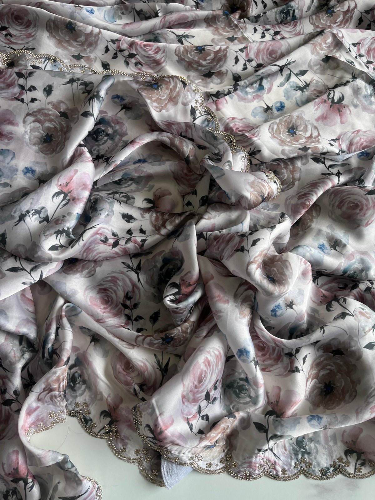 Pure Satin Georgette Multicolor Print n Diamond Cut Work Fancy Designer Partywear Saree Design