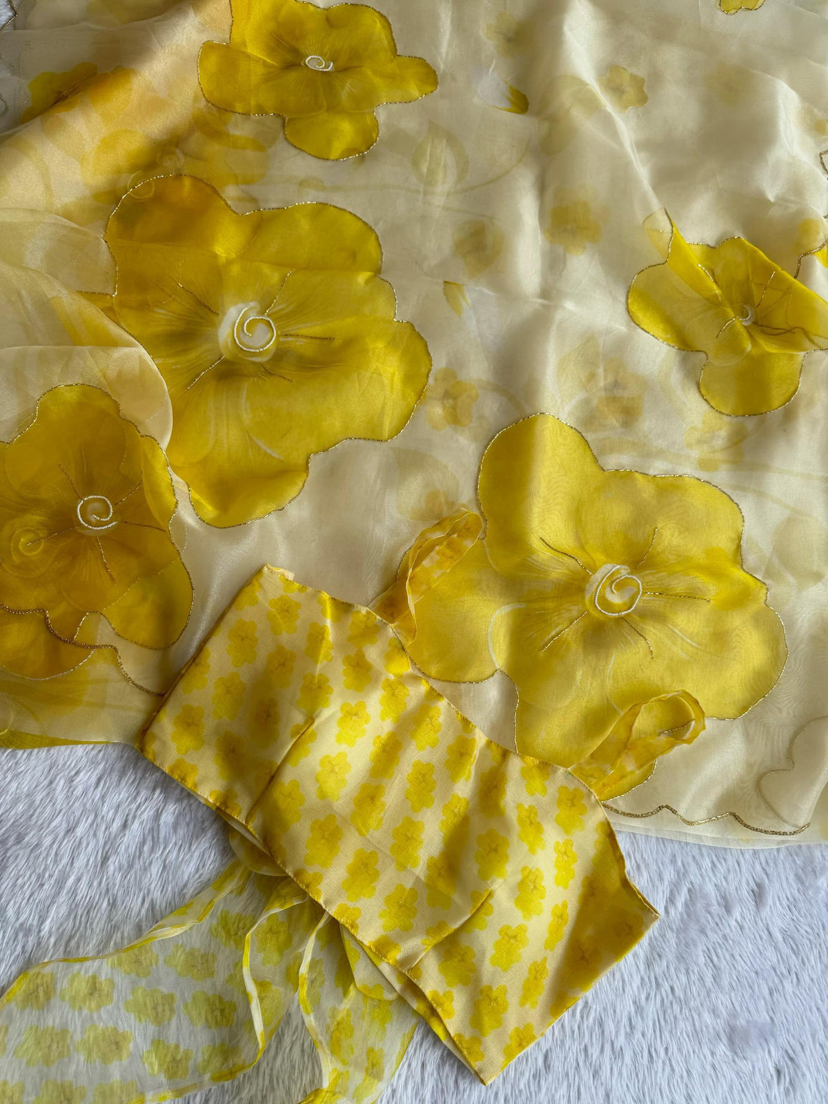 New Partywear Yellow Color Organza Silk Printed Hand Work Fancy Designer Saree With Unstitched Blouse