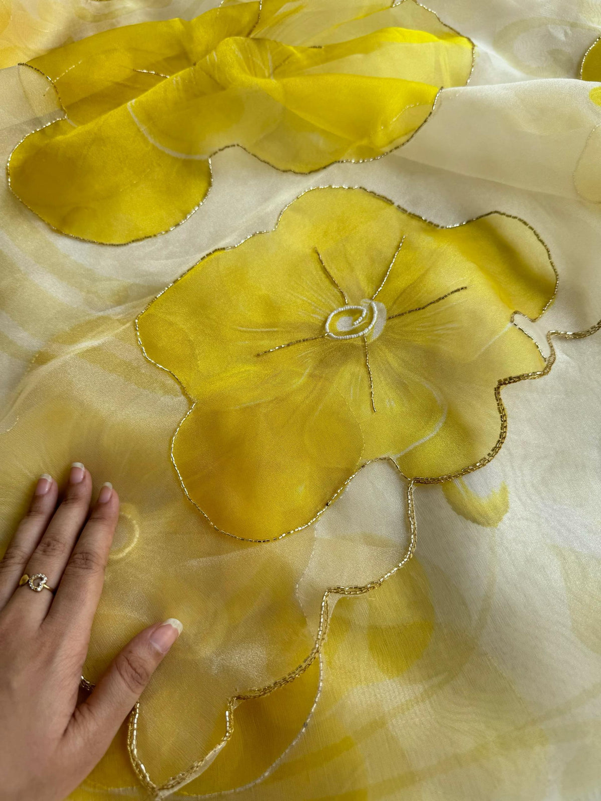 New Partywear Yellow Color Organza Silk Printed Hand Work Fancy Designer Saree With Unstitched Blouse