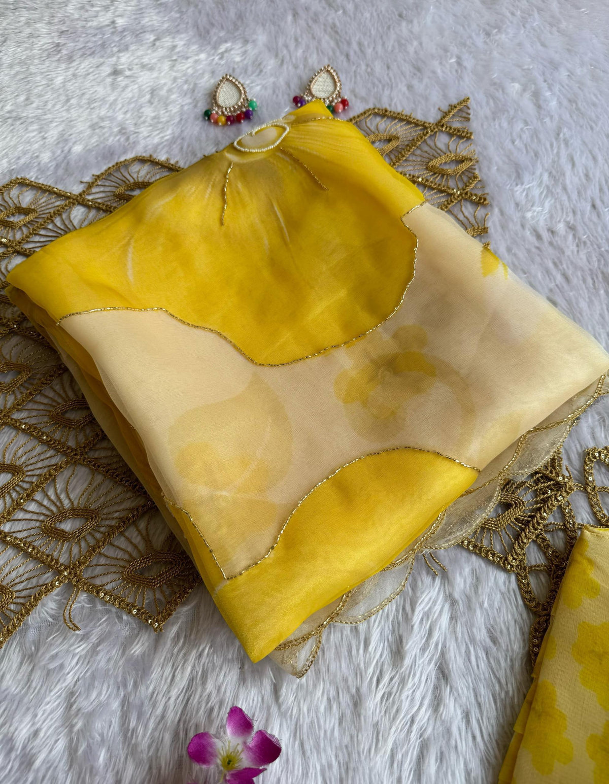 New Partywear Yellow Color Organza Silk Printed Hand Work Fancy Designer Saree With Unstitched Blouse