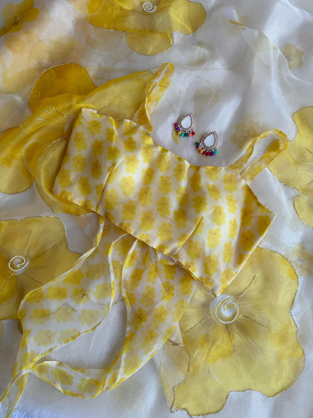 New Partywear Yellow Color Organza Silk Printed Hand Work Fancy Designer Saree With Unstitched Blouse