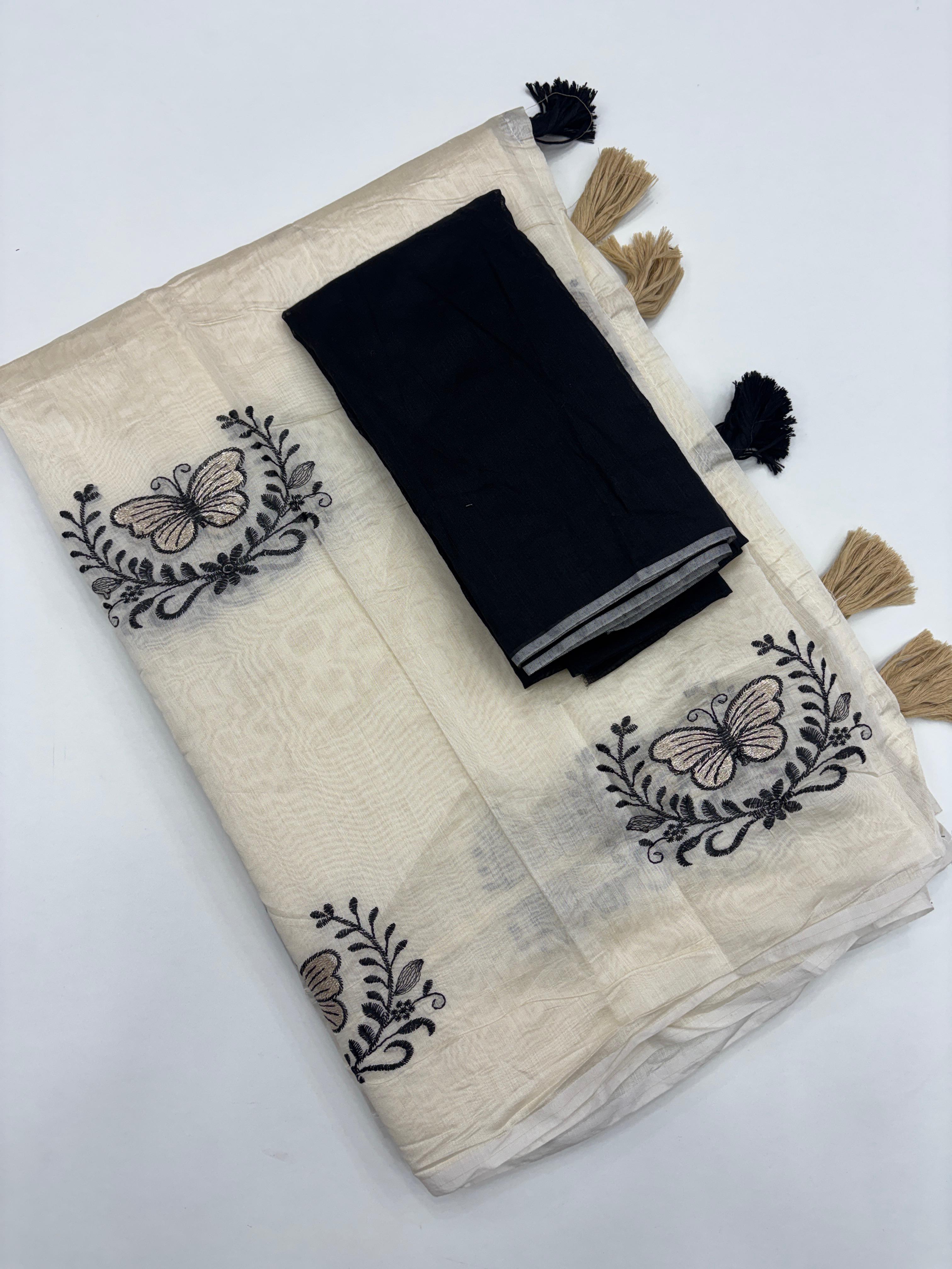 Divine Function Wear Soft Chanderi Cotton Silk Butterfly Design Embroidery n Tussels Work Fancy Saree
