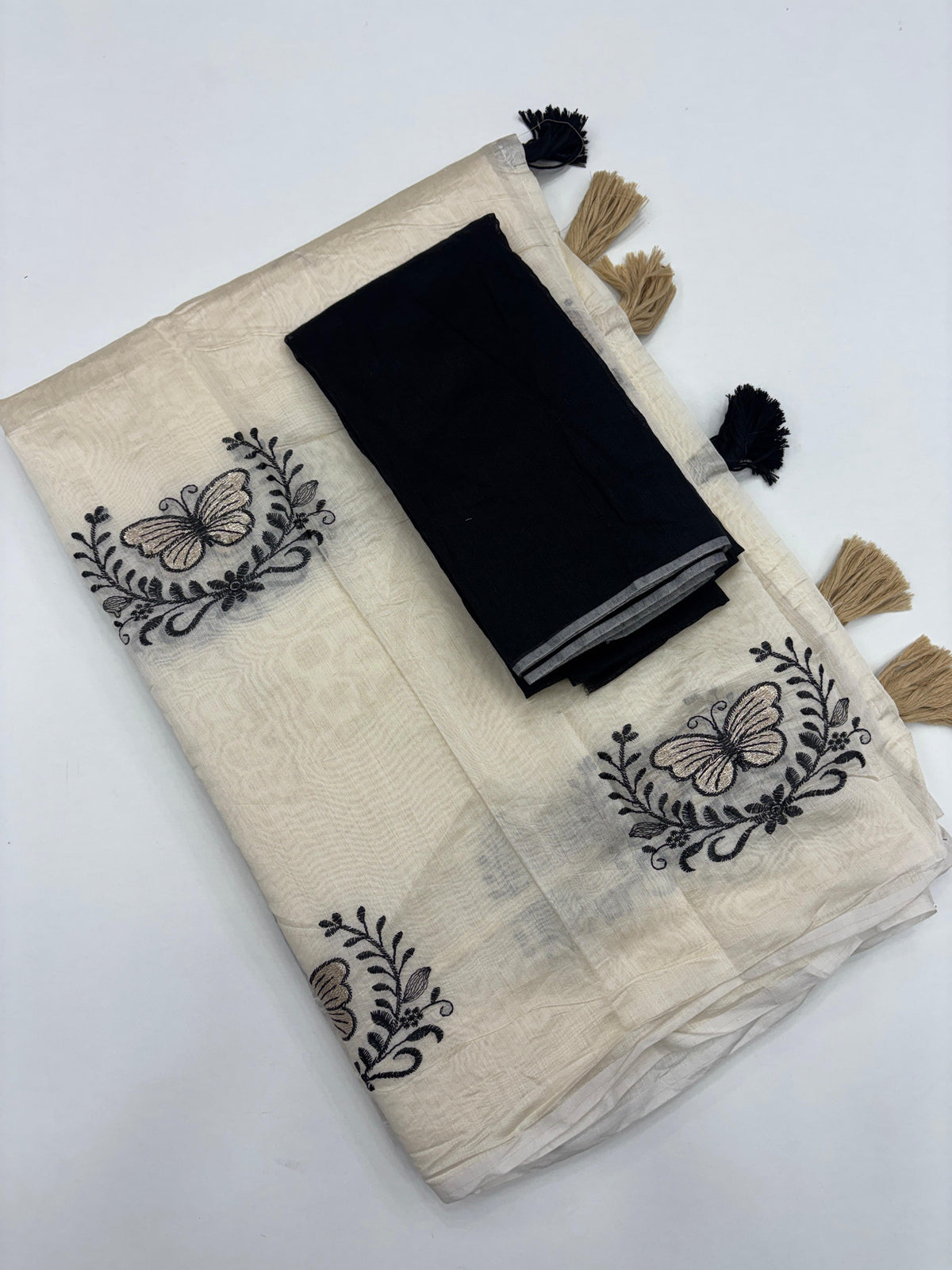 Divine Function Wear Soft Chanderi Cotton Silk Butterfly Design Embroidery n Tussels Work Fancy Saree