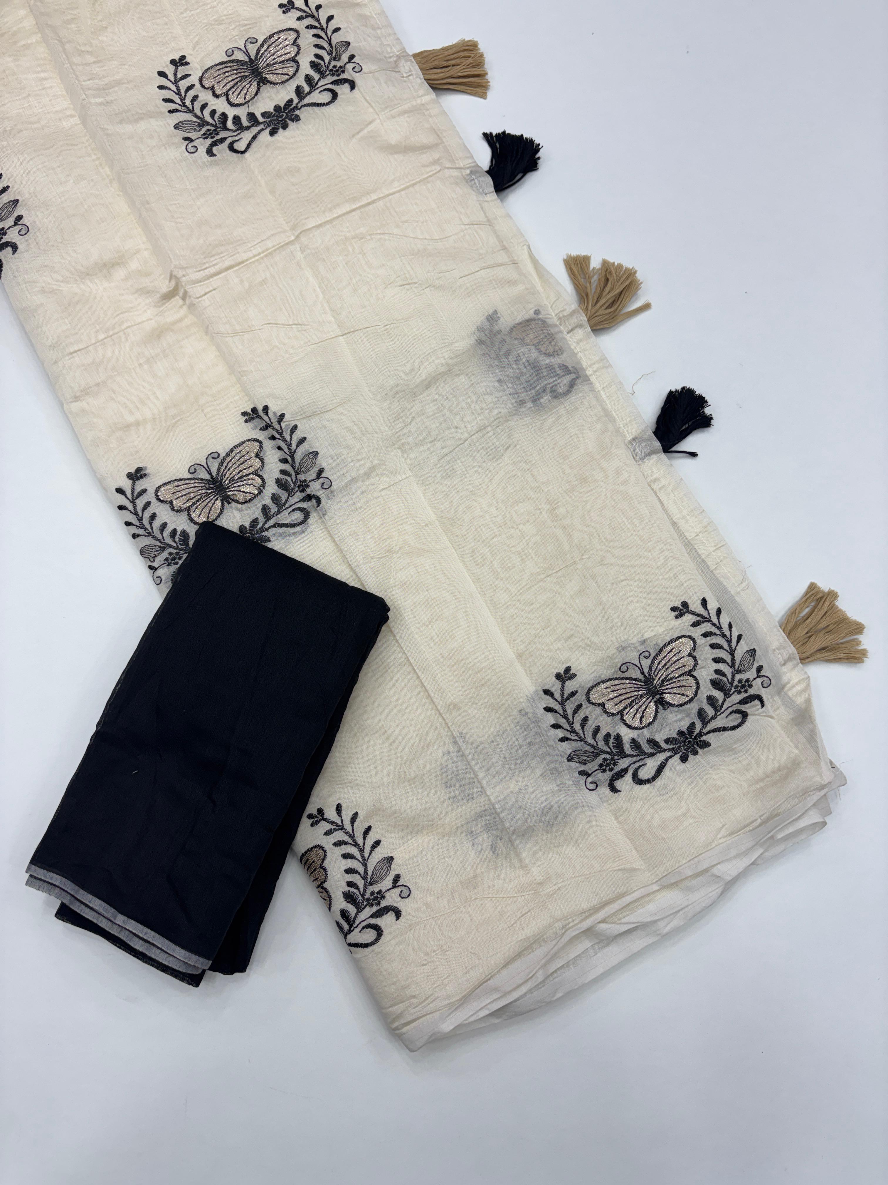 Divine Function Wear Soft Chanderi Cotton Silk Butterfly Design Embroidery n Tussels Work Fancy Saree